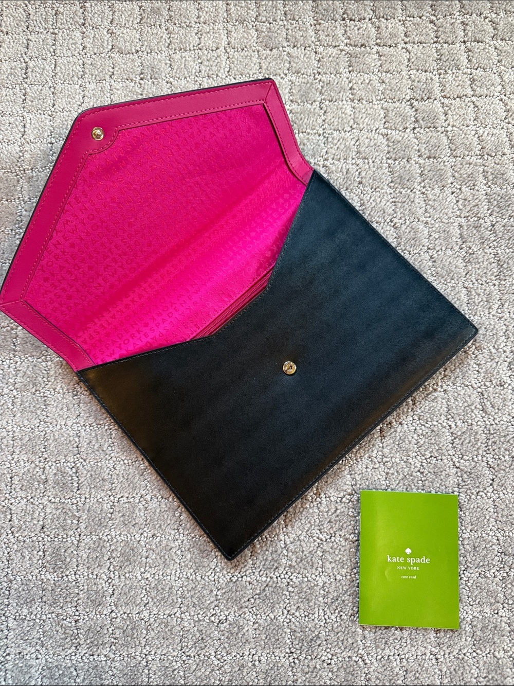 kate spade Black Leather Envelope Clutch with Gold Logo and Hot Pink Interior